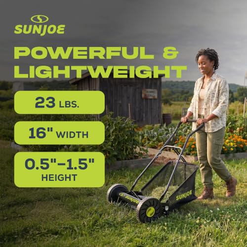 Image of Sun Joe Manual Push Reel Lawn Mower with 6.6-Gal Grass Catcher, 16-Inch Cutting Width - Heavy-Duty Yard Trimmer Machine for Gardening Care and Maintenance, MJ500M