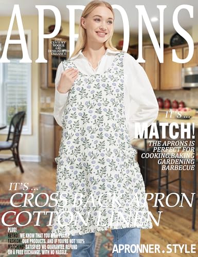 Image of Cozy Adjustable Cross Back Aprons for Women with Pockets Cotton Linen Cooking Kitchen Baking