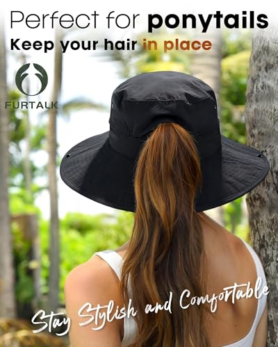 Image of FURTALK Sun Hats for Women Ponytail UV Protection Beach Summer Hat Wide Brim Packable Cowboy Hat