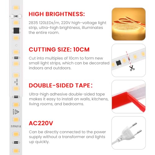 Wisada Anschluss an AC220-240V LED Streifen, 4M 120LEDs/m SMD2835 Flexible Superhell Warmweiß CRI≥90 LED Lichtband, LED Band Lichtschlauch Leiste Kette Selbstklebend mit Stecker für Weihnachten