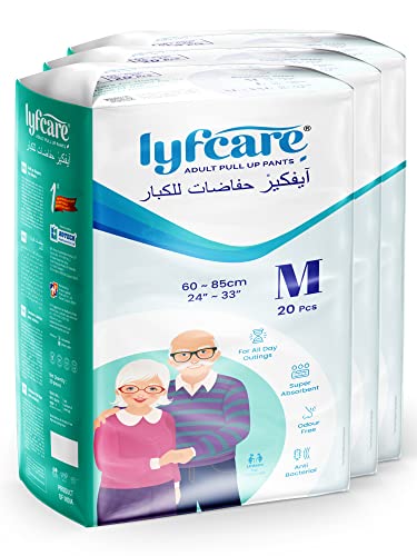 Image of Lyfcare Adult Diapers Medium Size (M) - 60 Count (Pack of 3) | Unisex Diapers Pants Style | Waist (60-85 cm) | Wetness Indicator, Super Absorption, 360 Protection & 0% Leakage | For Men & Women
