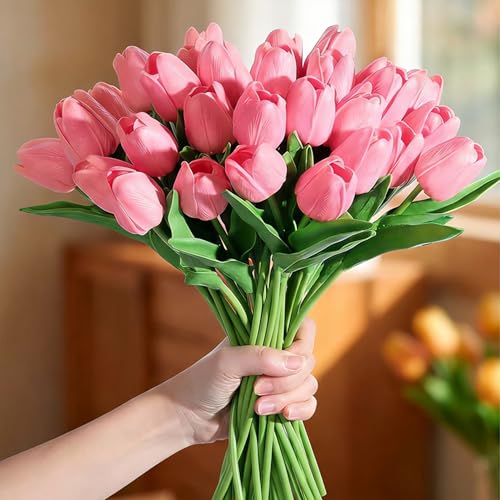 Image of 20Pcs Stems 13.5 Inch Medium Pink PU Artificial Moisturizing Tulips, Faux Tulips Flowers for Thanksgiving Christmas Decorations Wedding Home Table Vase Floral Arrangements