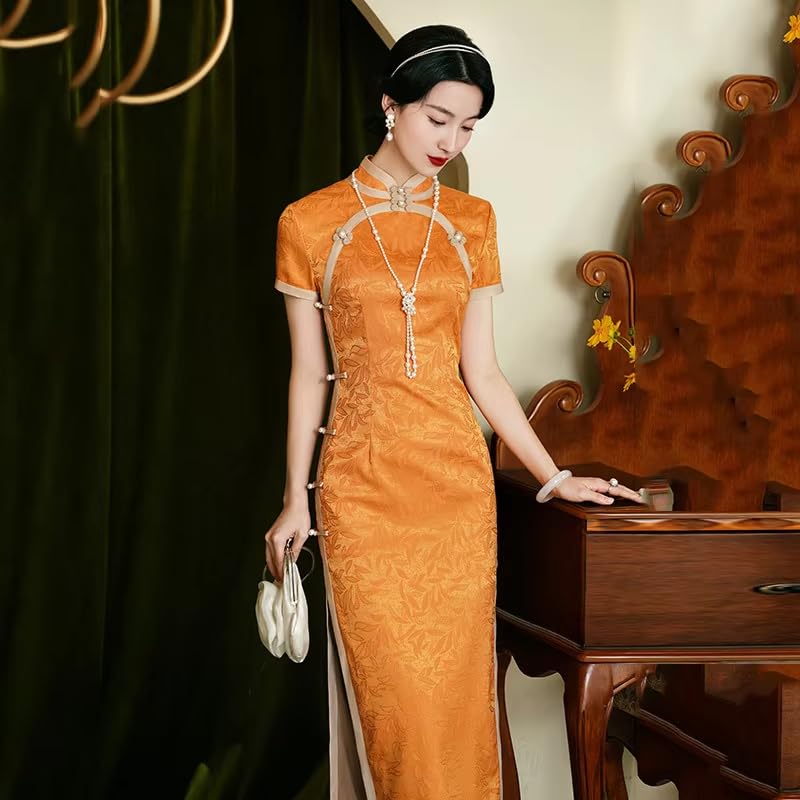 Cheongsam De Manga Corta para Mujer - Vestido Cheongsam De Verano Ajustado Estilo Chino con Cuello Alto Y Mejorado De Longitud Media Y Talla Grande para Fiesta Y Boda