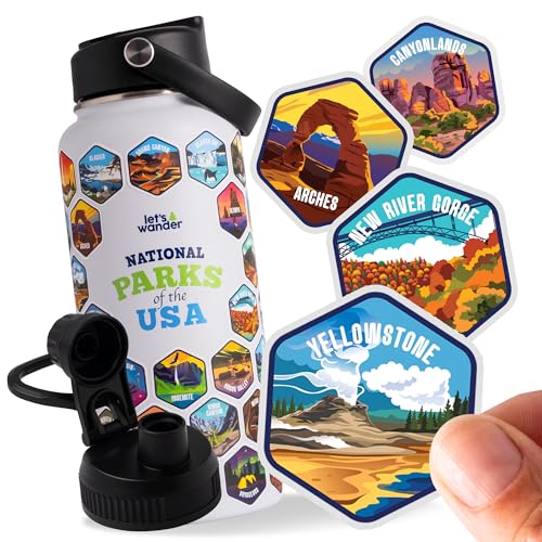LETS WANDER National Parks Water Bottle 2.0 Ultimate Bundle | Includes Straw Lid Chug Lid & 2 Sets of 63 Waterproof Stickers | 32oz Leakproof Insulated Stainless Steel Gift Pack (White)