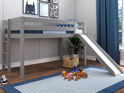 JACKPOT! Contemporary Low Loft Twin Bed with End Ladder and Slide Gray