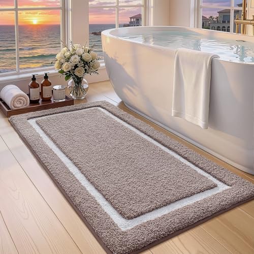 Image of Color&Geometry Extra Soft Bathroom Rugs 44x24, Absorbent Microfiber Bath Rug, Non-Slip Bathroom mat, Washable Plush Bath Mats for Bathroom, Shower, Bathtub, Laundry, Dark Beige