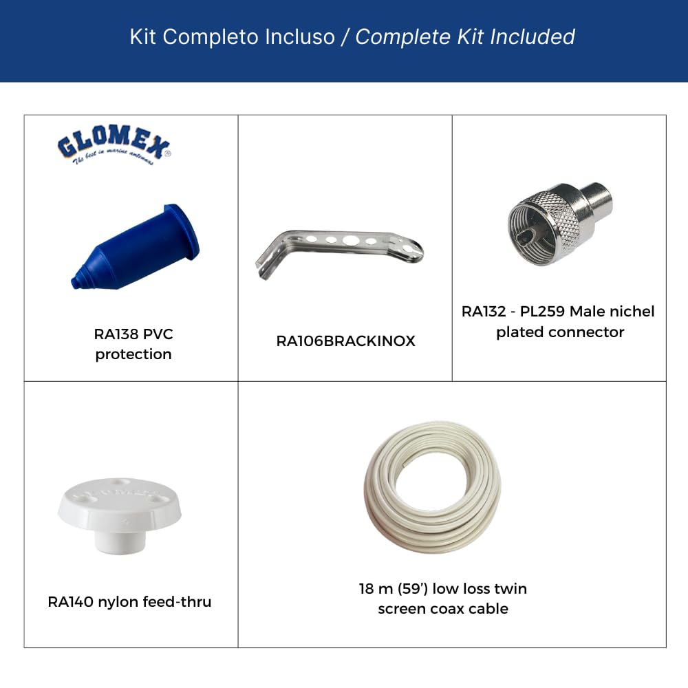 Glomex – Kit Antenna VHF per Barca a Vela 0,9m (Acciaio Inox), Modello RA106SLSSB18 – Include Antenna Flessibile, Cavo 18m, Supporto Testa d'Albero, Adattatore – Soluzione Completa per Veleggiare