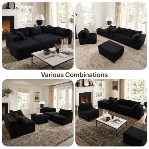 Image of Claiks 132 inch Boneless Couch, U-Shape Corduroy Sectional Sofa, Black
