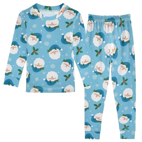 Pajama Sets Long Sleeve Santa Claus Blue Background Soft Comfy Sleepwear 2 Piece PJS 3-8T