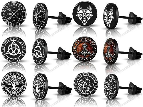 SIISPRI 6Pairs Norse Viking Stud Earrings Mens Earrings Set Hypoallergenic Surgical Stainless Steel Viking Runes Round Circle Button Stud Post Earrings 10MM