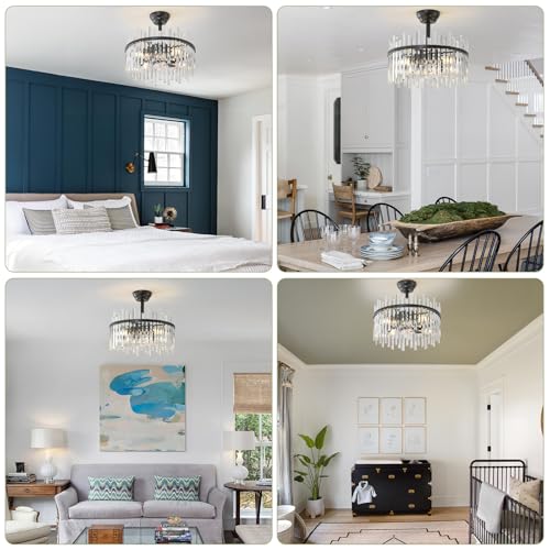 Image of Black Fandelier Ceiling Fans with Lights, Crystal Chandelier Ceiling Fan with Light Remote Control, Mid Century with 6 Speeds for Bedroom, Living Room