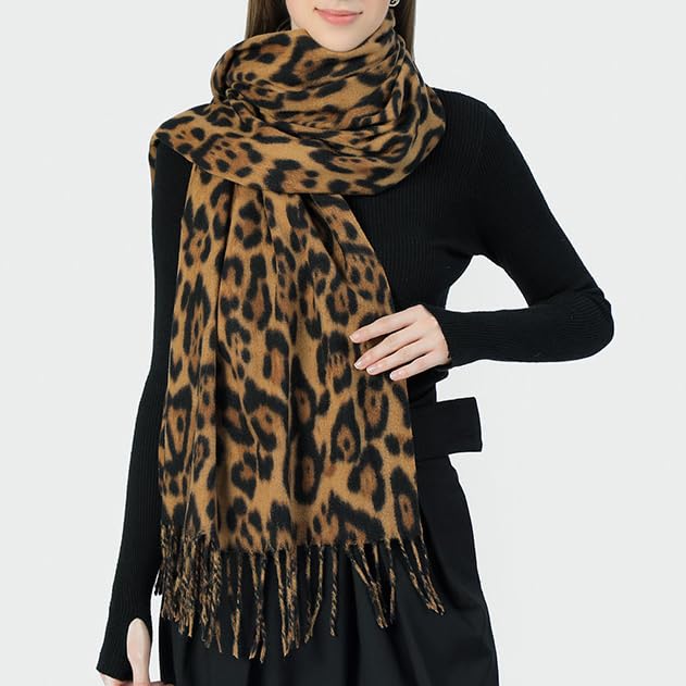 CORIRESHA Women's Cashmere Leopard Print Fringing Hem Warm Winter Long Scarf Shawl2
