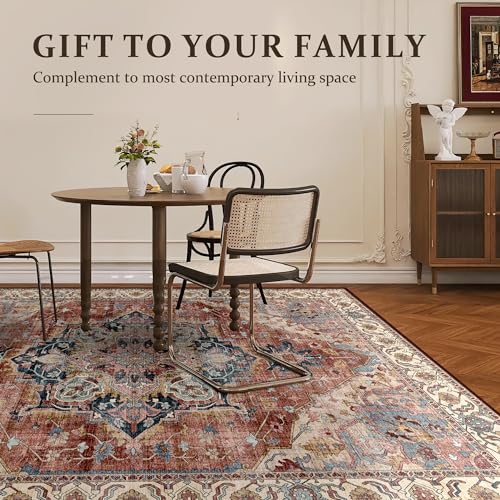 Deerly Vintage Area Rug 5x7 Boho Washable Rug for Living Room Bedroom Non Slip Low Pile 5x7 Rug for Kitchen Entryway Bedroom Dining Room Office, Brickred/Multi