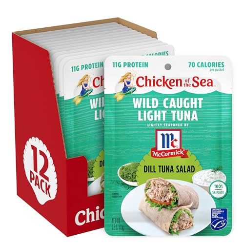 Chicken of the Sea Lightly Seasoned Dill Wild Caught Light Tuna, 2.5 Ounce Packets, 12-Count – McCormick Dill Flavored High Protein Tuna in Water – Delicious, Easy, Nutritious Ready to Eat Meals
