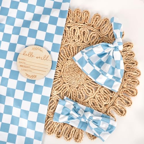 Image of TANOFAR 4-Pack Newborn Swaddle Blanket for Baby Girls & Boys, Ultra Soft Receiving Blankets with Matching Headband and Beanie Set Baby Nursery Swaddle Wrap (Blue Checkerboard)