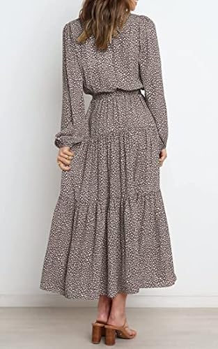 Prettygarden Women's Long Sleeve V Neck Leopard Print Ruffle Maxi Dress Tie Waist Boho Chiffon Flowy Long Dress (Coffee, Large) #TOP6