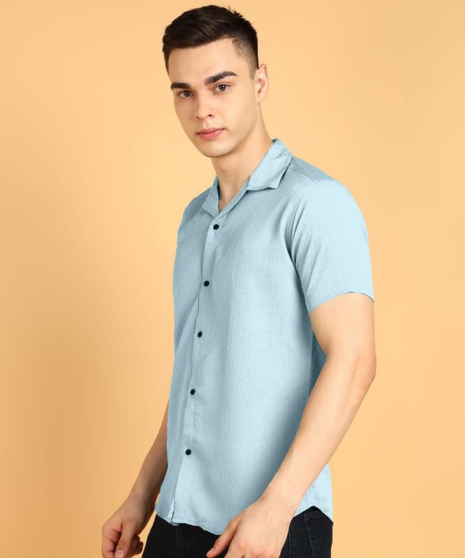 Image of COMBRAIDED Men's Solid Cotton Blend Half Sleeve Shirt - Regular Fit Casual Button-Down Shirt for Office & Travel - Summer & Spring