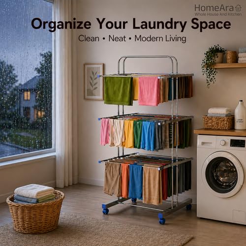 Image of Premium Heavy Duty Foldable Stainless Steel Cloth Drying Stand, 3 Tier | Mirror Finish | Laundry Racks | Clothes Stand | Cloth Drying Rack | Foldable and Movable