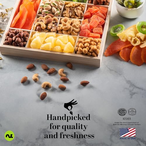 Nut Cravings NC-WOOD-FRUITS-NUTS-12-SECTION Gourmet Collection - Diwali & Halloween Treats Dried Fruit & Mixed Nuts Gift Basket In Reusable Wooden Tray + Ribbon (12 Assortments) Arrangement Platter, Healthy Kosher thumb #6