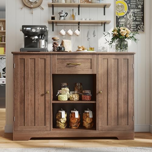 Image of Gizoon Kitchen Sideboard Buffet Cabinet with Storage Coffee Bar Cabinet with Drawer, Kitchen Pantry Storage with Door and Shelves for Bathroom and Living Room, Dark Brown