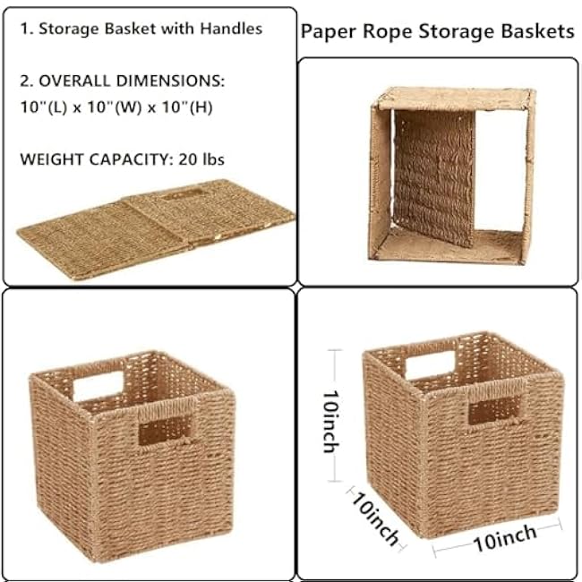 3Pcs Woven Shelf Baskets, 10.5'' Paper Rope Handmade Open Storage Bins, Light Brown Pantry Baskets Organization Basket Foldable Storage Bins for Bedroom, Cubby Cubes Wicker Basket with Handles