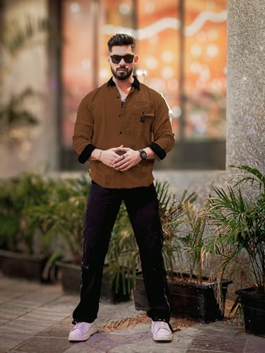 Image of Maniac Mens Solid Collared Neck Full Sleeve Biscuit and Black Cotton Shirt