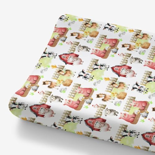 Image of HawSkgFub Farm Animals Life Barn Changing Pad Cover for Baby Girls Boys, Natural Cow Chicken Pig Horse Diaper Change Table Covers, Soft Stretchy Safe Snug Fitted Changing Mat Sheets Fit 32"/34" x 16"