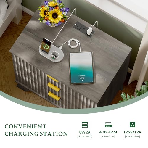 Image of Xixini Fluted Nightstand with Charging Station, Tall Bedside Table, Grey