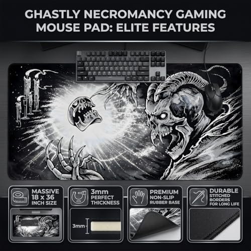 Image of Dark Skull Extended Desk Mat 458 x 915 mm | Premium Desk Mat with Stitched Edges | 3mm Thick Non-Slip Desk Pad for Gaming, Office & Workstation
