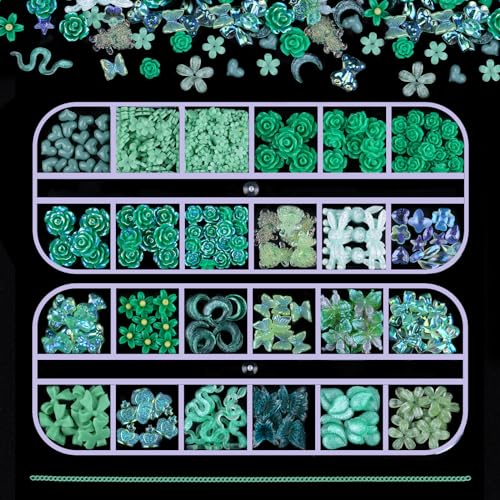 Kikonoke 2 Boxes 3D Flower Nail Charms Butterfly Bow Snake Rabbit Bear Shaped Nail Art Rhinestones Gems for DIY Nail Art Decoration Making Craft (Green)