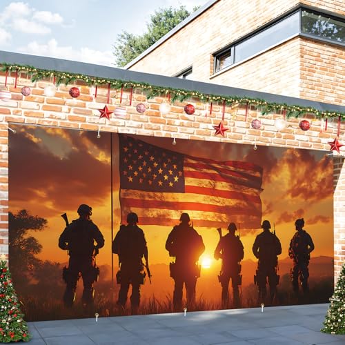 Image of 16x7Ft Patriotic American Soldier Silhouette Garage Door Decoration Flag, Military Tribute flag - Sunset USA Flag Themed Outdoor Decor