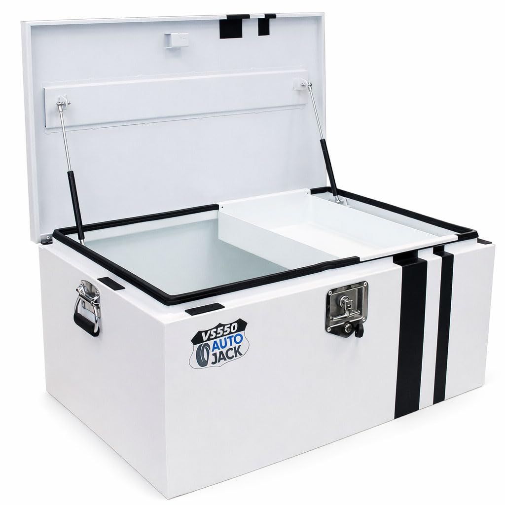 Autojack Van Storage Safe Heavy Duty Metal Steel Site Tool Chest Security Vault 550mm Key Lock with Carry Handles & Gas Struts White