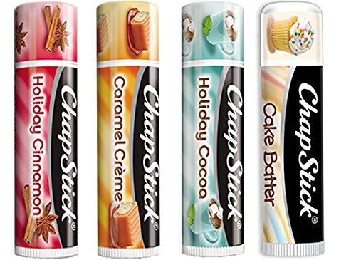 Chapstick Limited Edition Holiday 2017 Set of 4 - Caramel Crme, Holiday Cinnamon & Holiday Cocoa + Bonus Fan Favorite Chapstick in Cake Batter