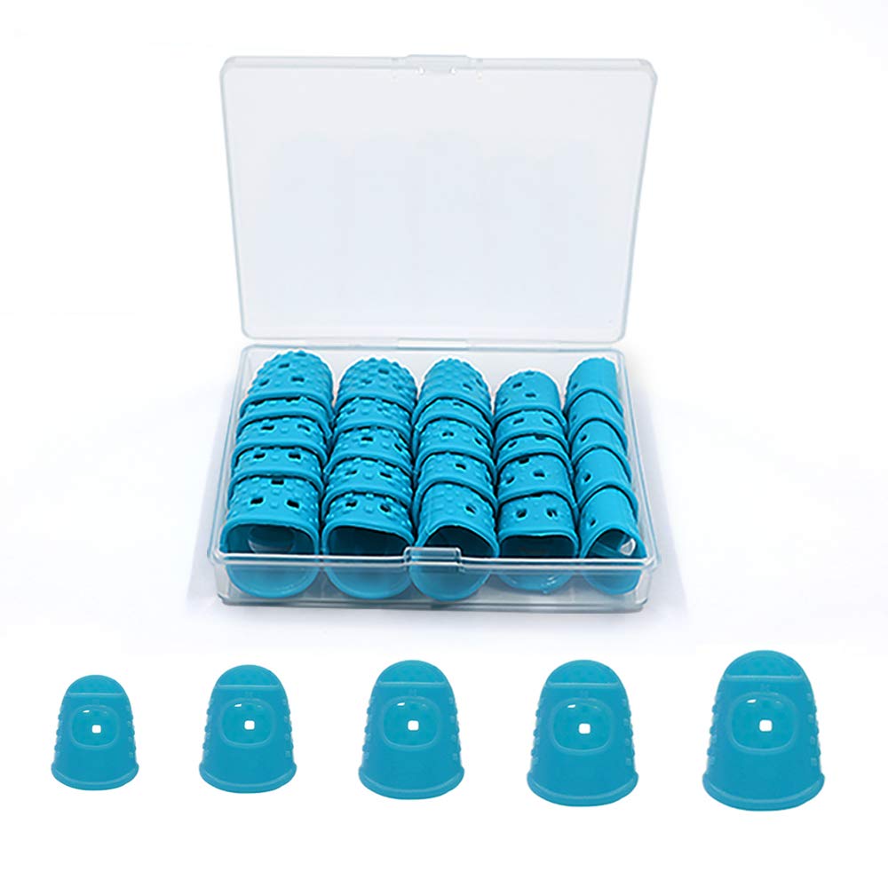 5 Sizes Guitar Fingertip Protector With Compact Box, Premium Silicone Guitar Finger Guards, Non-Slip Breathable Fingertip Protection Covers Caps for Sewing, String Instruments (Blue)