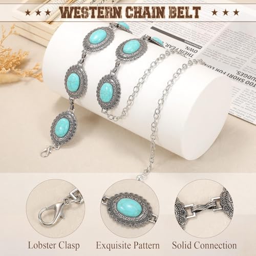 Image of WHIPPY Western Metal Concho Belt for Women Vintage Cowgirl Boho Turquoise Chain Belts for Dresses Jeans
