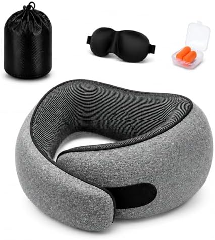 Wagxoey Nackenkissen aus Memory Foam, Ergonomisches Reisekissen | 360° Stütze für Flugzeug, Auto, Zug und Büro, inkl. Schlafmaske, Ohrstöpseln und Aufbewahrungstasche, Dunkelgrau