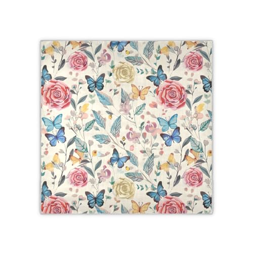 Satin Head Scarf for Women Silk Hair Scarves Bandana Neck Scarf Rose Butterfly Cream Neckerchief Square 35x35