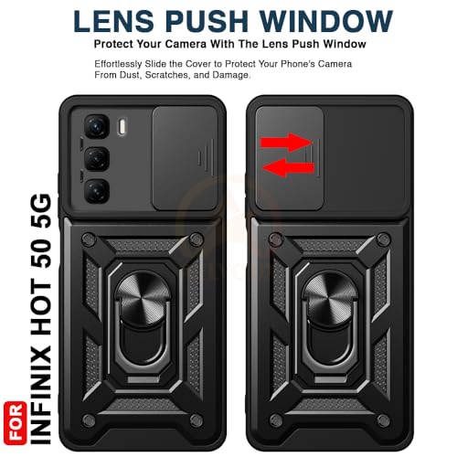 Image of Armor Bumper Back Cover Case for Infinix Hot 50 5G Rotating Camera Cover, Ring Holder & Kickstand | Heavy Duty & 360 Degree Protection Infinix Hot 50 5G Back Cover (Black)