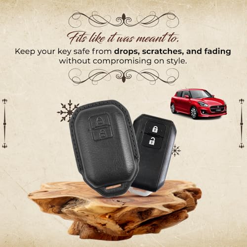 Image of keyzone dual leather key cover for Swift, DZire, Baleno, Ertiga, Grand Vitara, Brezza, Fronx, Jimny XL6, Ignis, Glanza, Urban Cruiser Hyryder, Rumion 2 button smart key