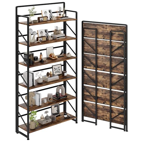 Image of JSB Folding Bookshelf,Industrial Storage Shelves, No Assembly Vintage Wood Look Bookshelf with Storage Shelves for Living Room, Bedroom, Office (Fire Brown, Wide 6-Tier)