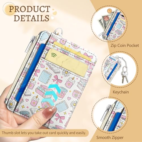 Image of Kelvoris Cute Book Coffee Bow Credit Card Holder Small Wallet Women, Slim RFID Blocking Wallet Woman Keychain with Zipper Coin Pocket, Front Pocket Thin Travel Card Case with ID Window Ladies Gifts