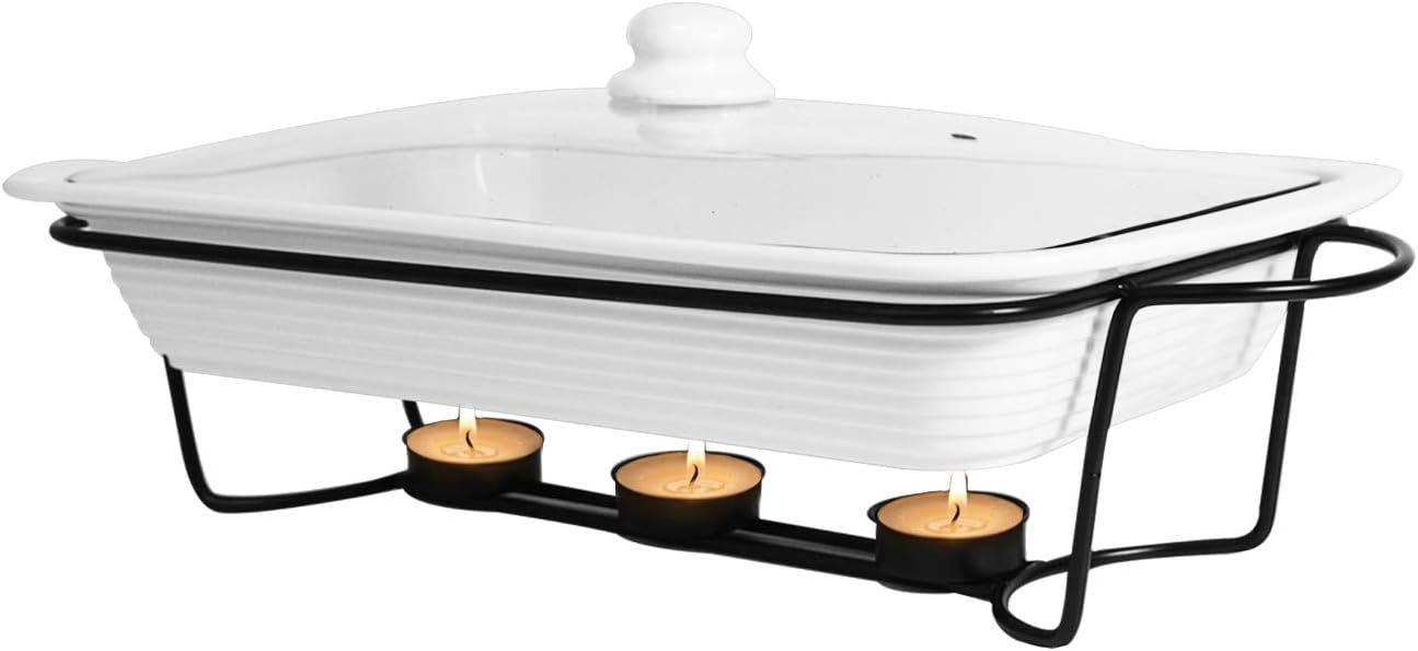 Stoneware 3-Piece Baking Dish, Glass Lid and Metal Stand, Bake and Server Food Warmer Set, Oven, Dishwasher and Freezer