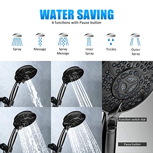 Handheld Shower Head, Wassern High Pressure 6 Setting Rainfall Massage Water Saving Trickle Pause Extra Long 80'' Stainless Steel Hose Adjustable Bracket Brass Ball Joint 5.2'' Matte Black #TOP4