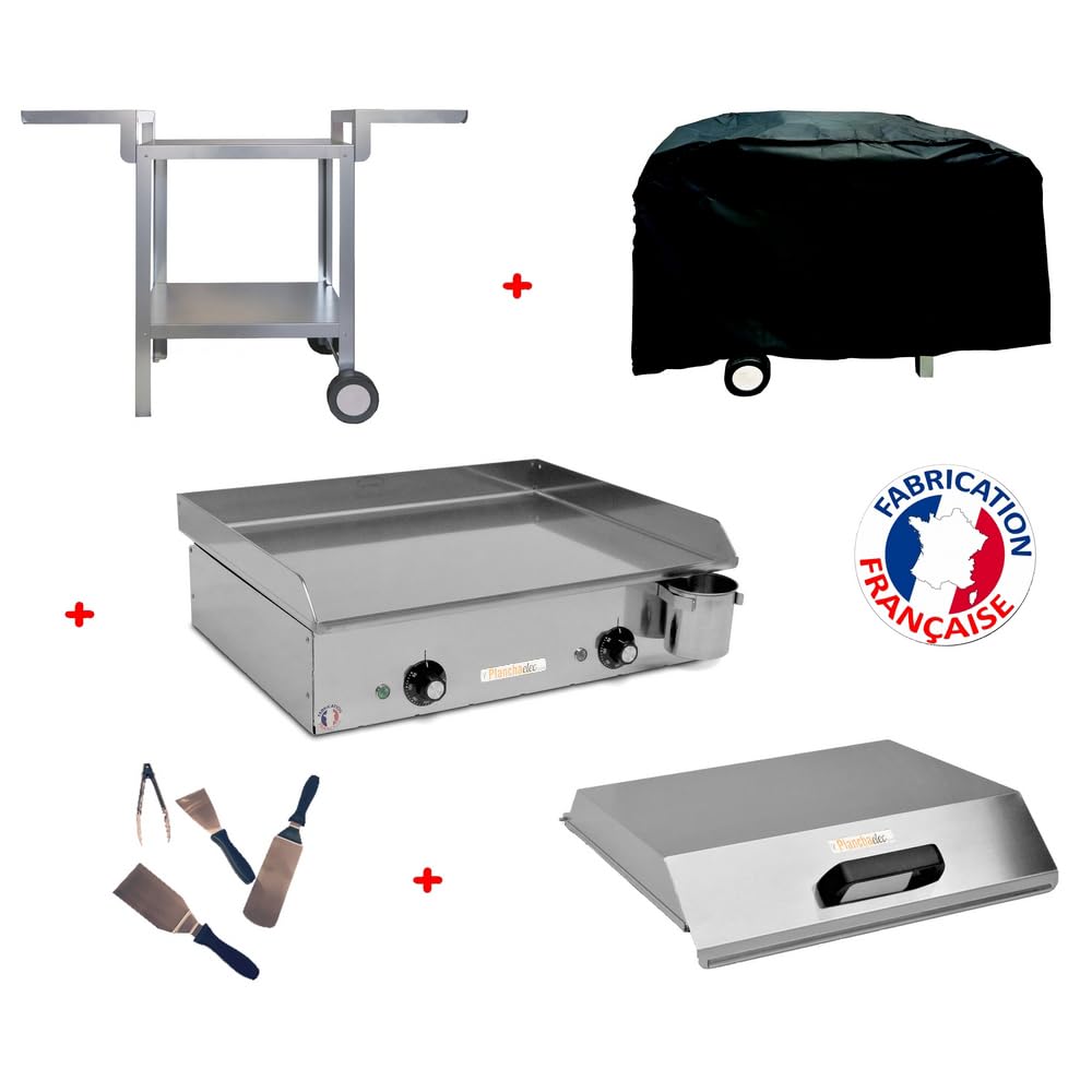 PLANCHAELEC - Pack Complet Plancha Electrique NEO E530-2400W - Chariot + Accessoires - Inox - Thermostat Réglable - 8 Personnes - Made In France - L53 X P43 X H18 cm