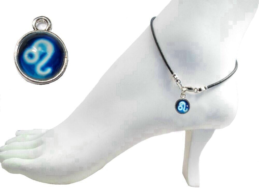 Black Leather 9" Anklet with 10mm Round Zodiac Leo Symbol Glass Cabochon Charm ~ Sterling Silver Clasp