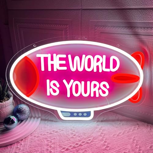 Image of The World Is Yours Neon Sign Blimp Neon Light for Wall Decor Dimmable Airship Led Light Up Signs for Bedroom Game Room Man Cave Boys Teens Room Bar Birthday Party Wedding Valentines Day