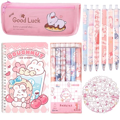 SIMSHOTUS Conjunto de 58 peças de material escolar de coelho fofo, kit de papelaria kawaii, conjunto de presente de volta às aulas, incluindo caderno, canetas de gel, estojo de lápis, adesivos