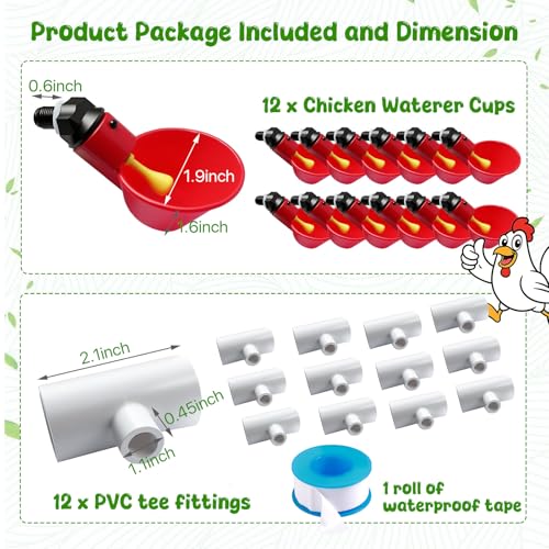 Ensayeer 12 Pack Chicken Waterer Cups, DIY Automatic Chicken Water Feeders, Non-Leak Chicken Drinking Cups with 1/2\" PVC Tee Fittings, Poultry Drinking Waterer Kits for Chickens, Goose, Duck, Pigeon - Thumbnail 6