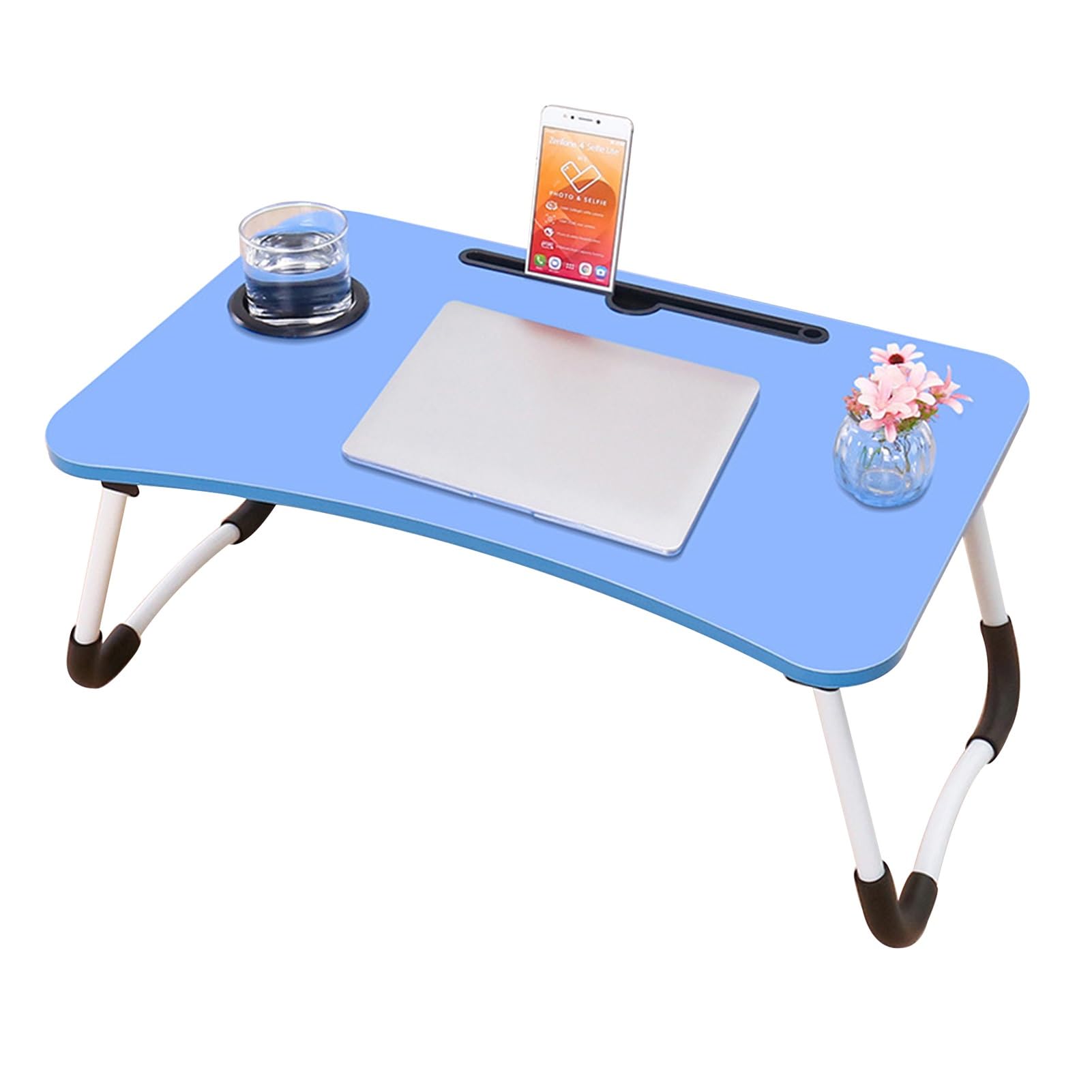 GEIRONV Movable Computer Desk, with Cup Slot Card Slot Design Multifunctional Table Student Dormitory Bedroom Portable Folding Table (Color : Blue, Size : 60x40CM)