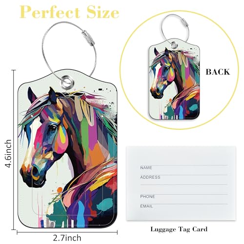 2 Pack Luggage Tags for Suitcase,PU Leather Travel Cruise Luggage Tag with Privacy Cover,Name ID Label and Steel Ring,Travel Essentials for Women Men (Watercolor Horse)4